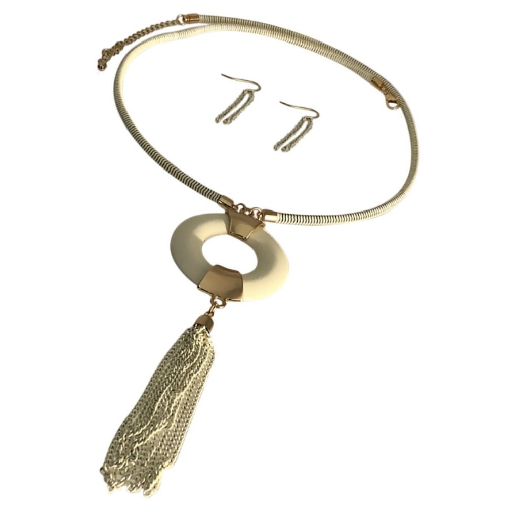 White and Goldtone Circle Drop Tassel Long Necklace & Earring Set